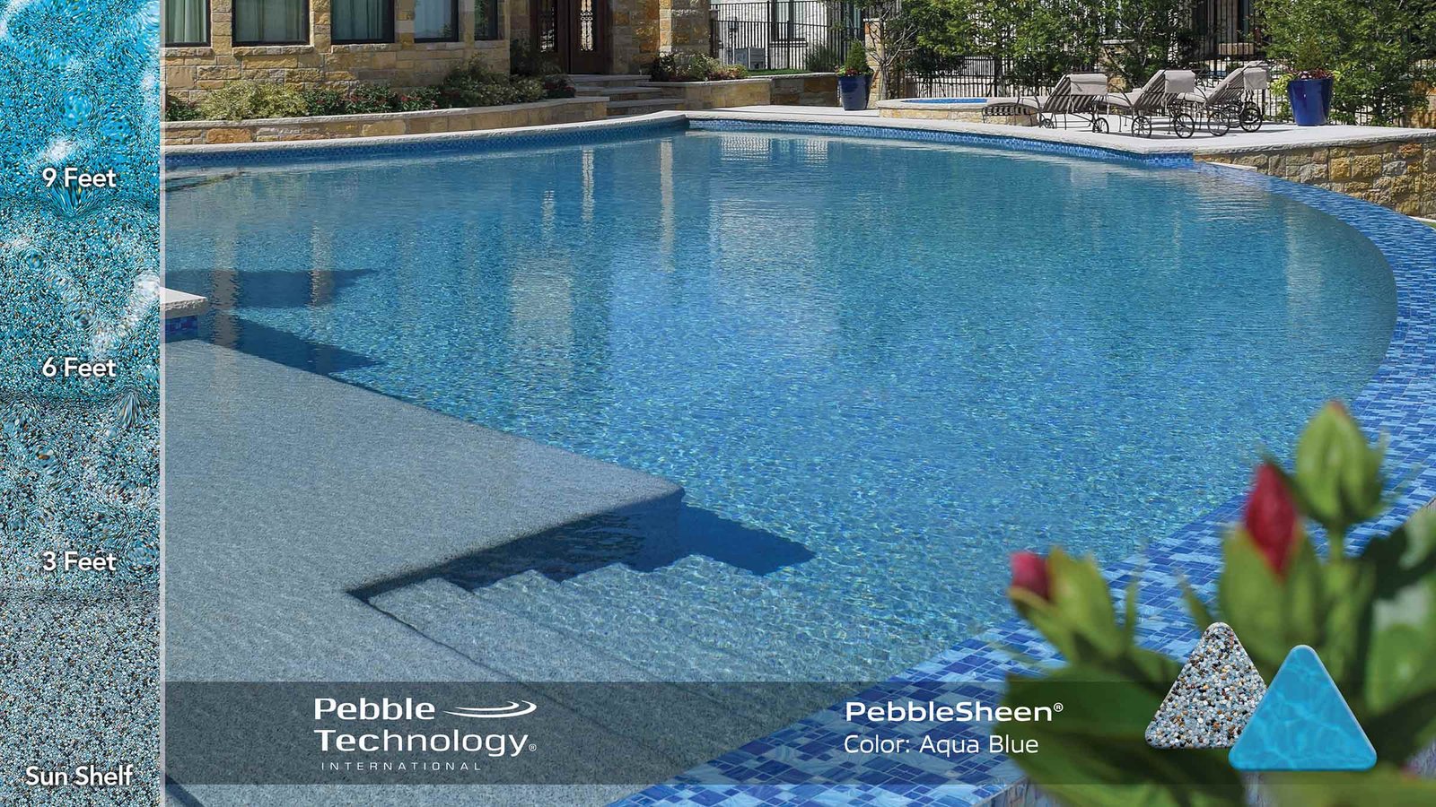 PebbleSheen® Aqua Blue — glowing blue pool at an estate